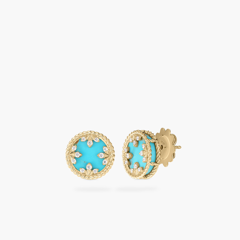 18k Yellow Gold Venetian Medallion Turquoise Diamond Stud Earrings