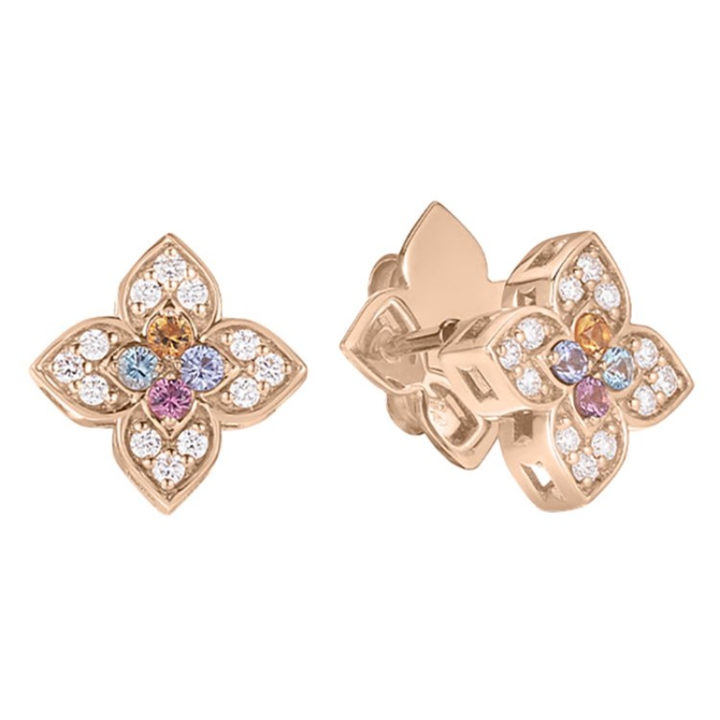 18k Yellow Gold Venitian Princess Mixed Stone Pave Flower Stud Earrings