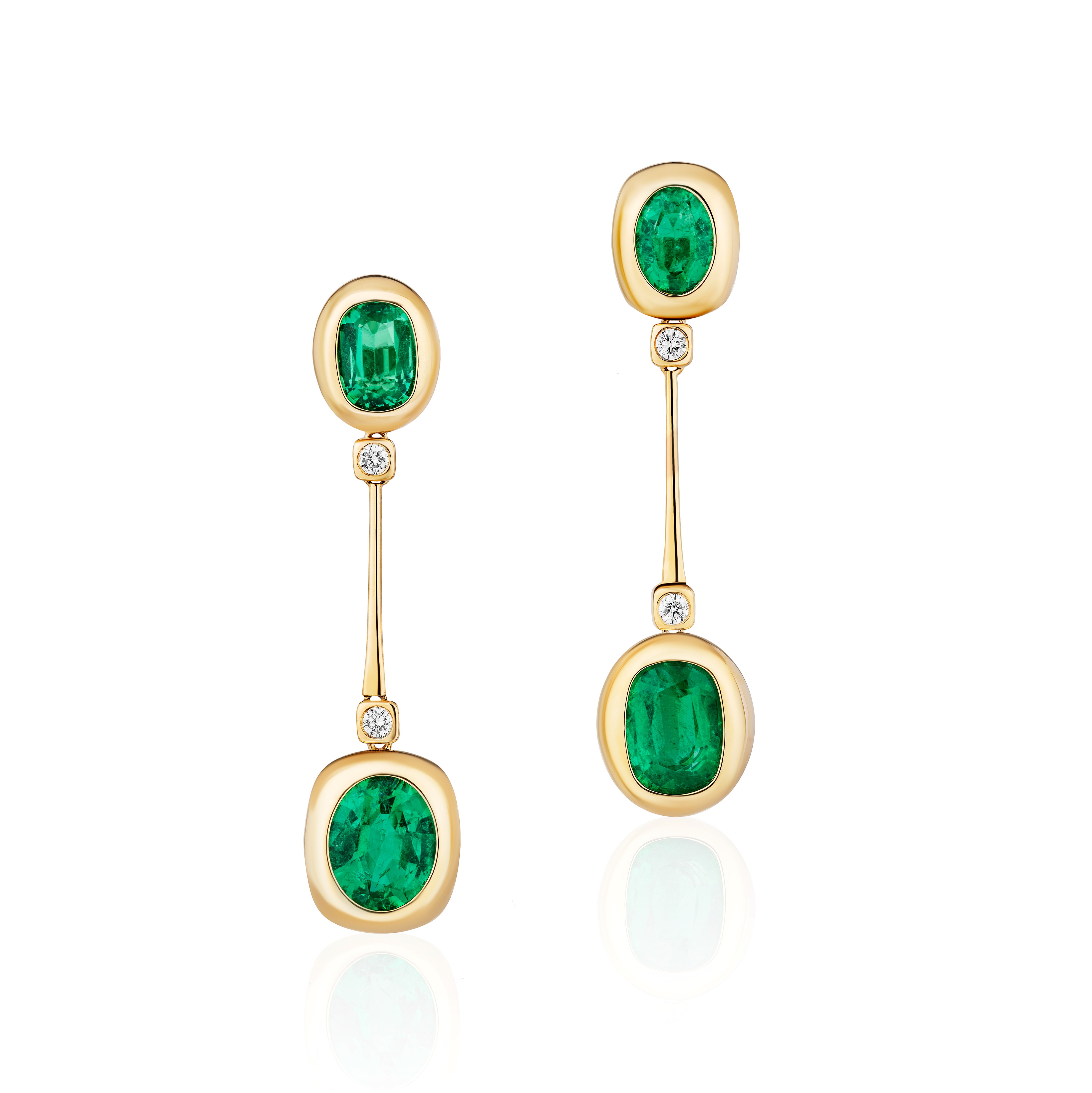 18k Yellow Gold Emerald Diamond Knife Edge Bar Earrings
