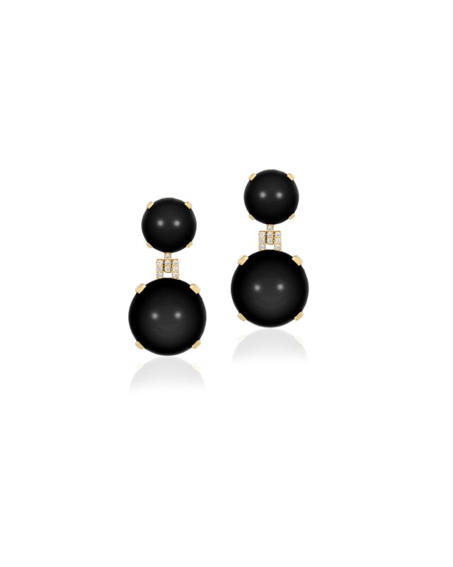 18k Yellow Gold Black Onyx Diamond Cabochon Drop Earrings