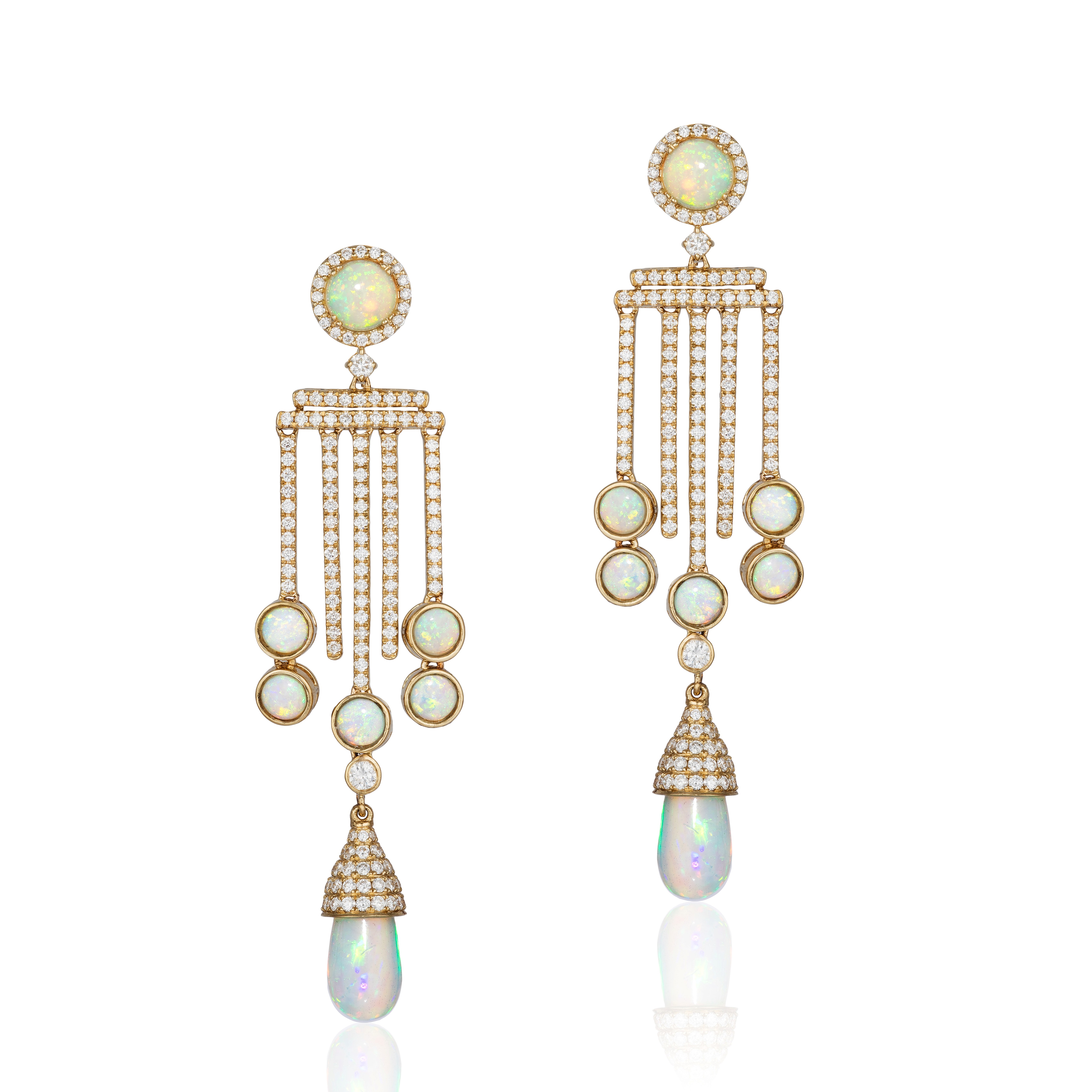 18k Yellow Gold Opal Diamond Five Bar Drop Earrings