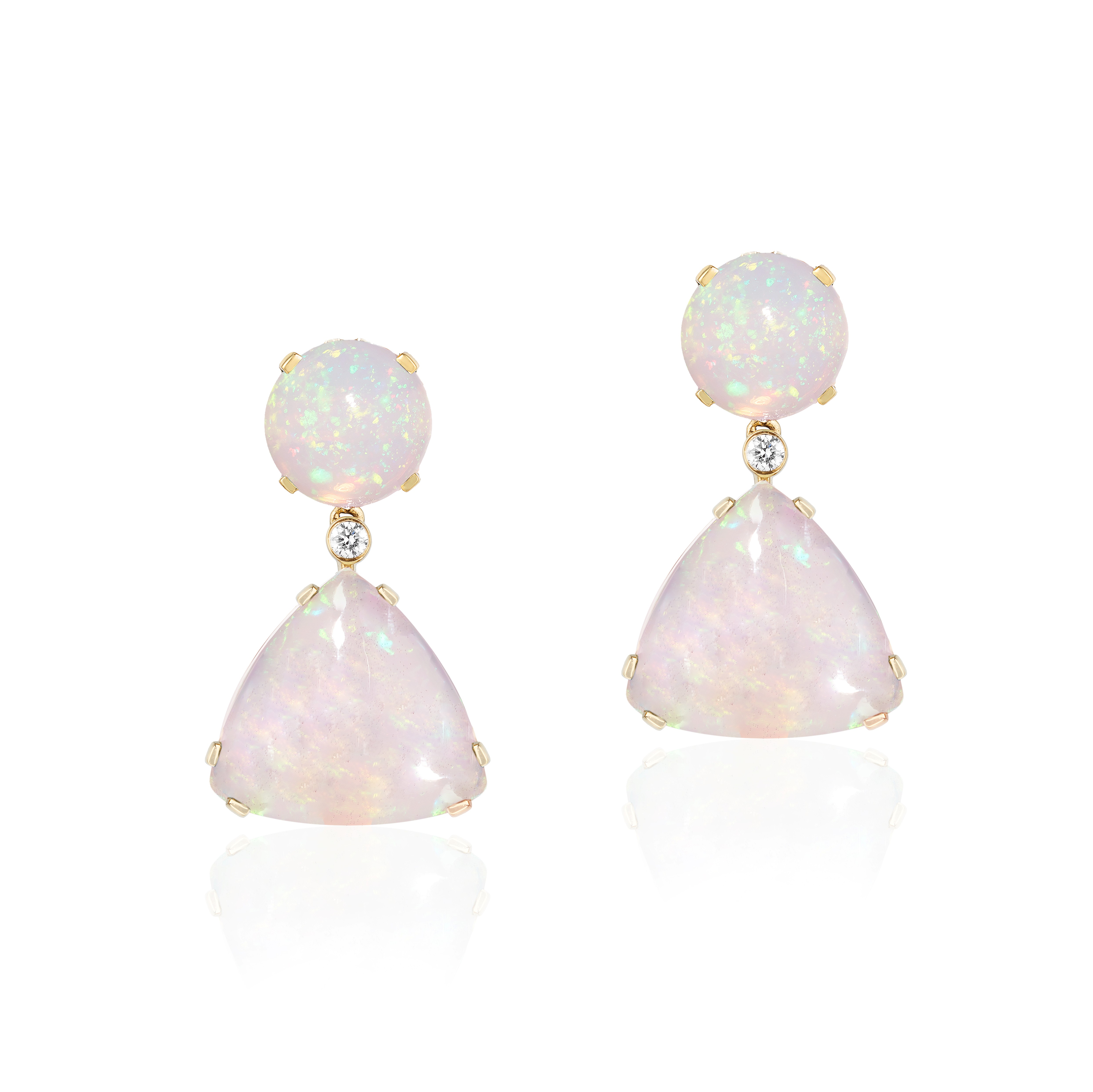 18k Yellow Gold Opal Diamond Round And Triangle Drop Earrings
