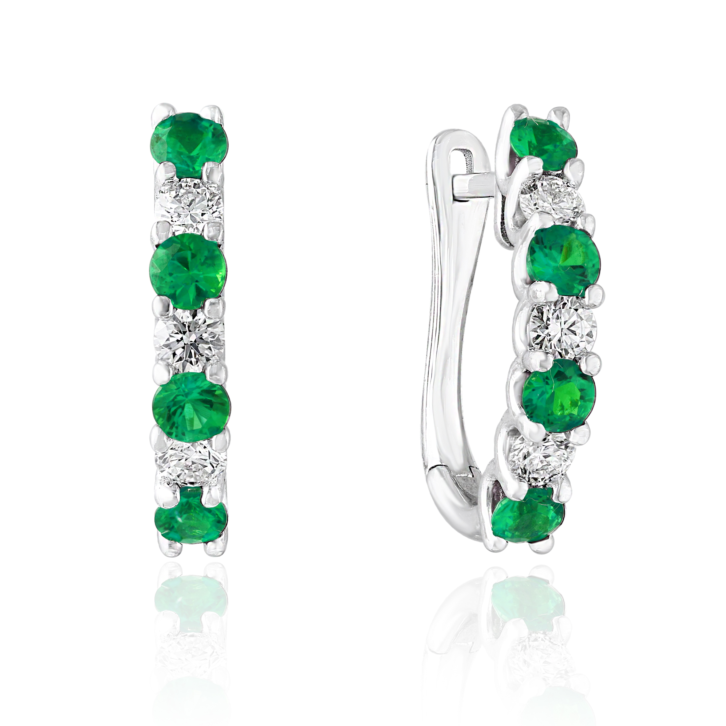14k White Gold Emerald And Diamond Hoop Earrings Earrings