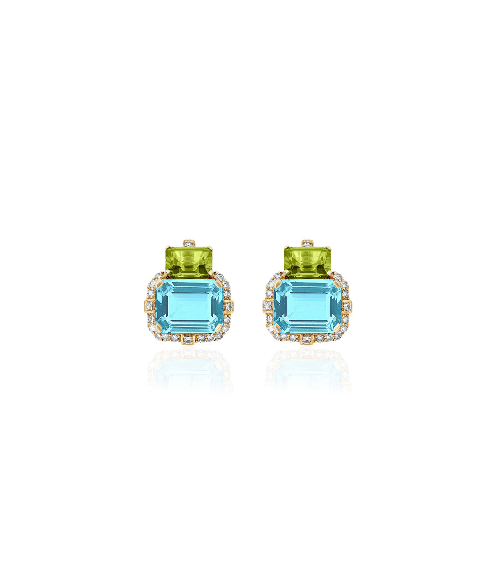 18k Yellow Gold Gossip Blue Topaz, Peridot And Diamond Stud Earrings