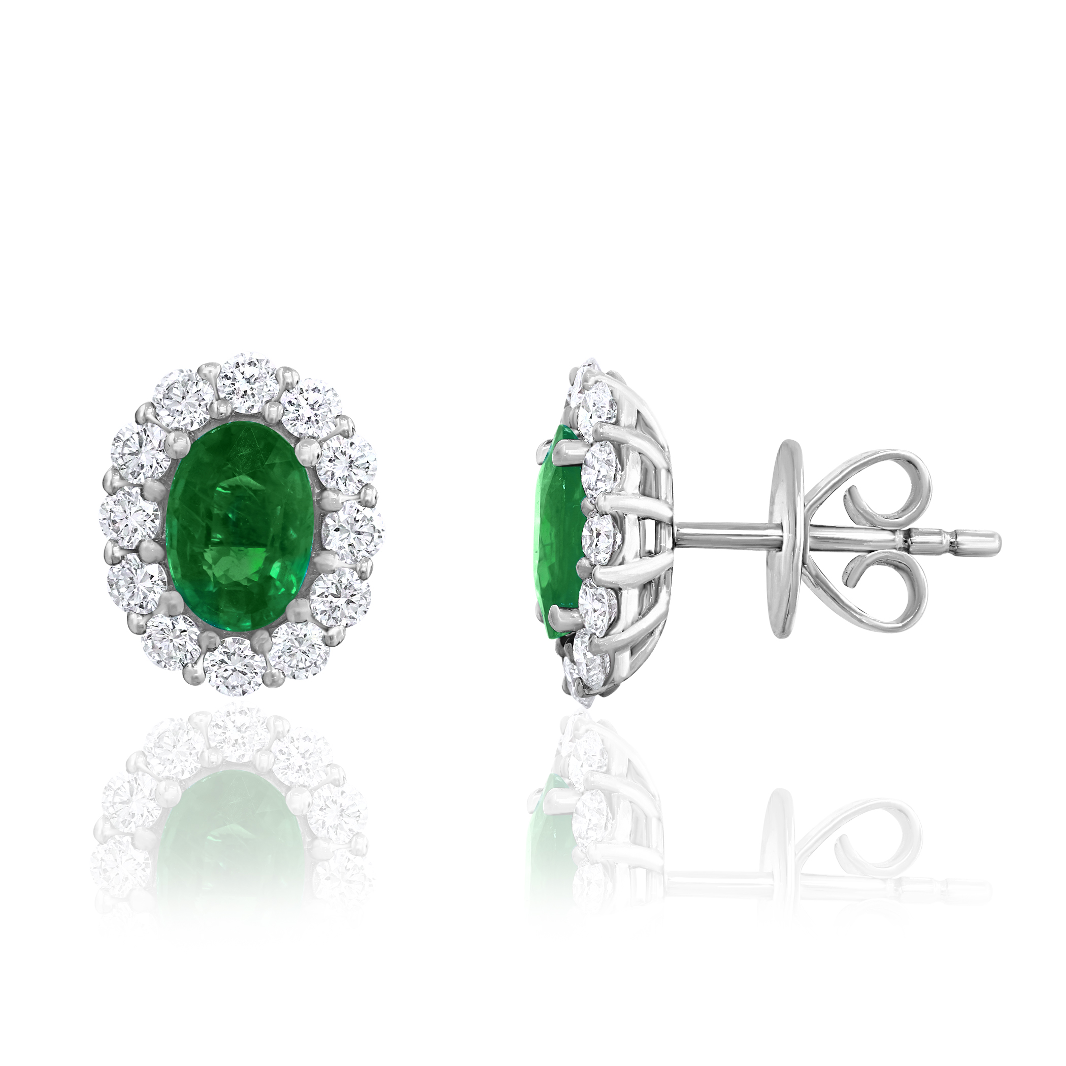 18k White Gold Emerald Diamond Halo Earrings