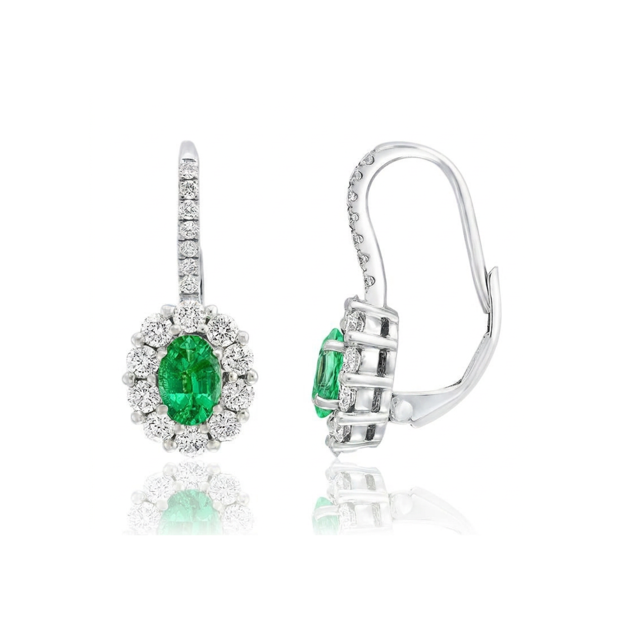 18k White Gold Emerald Diamond Halo Earrings