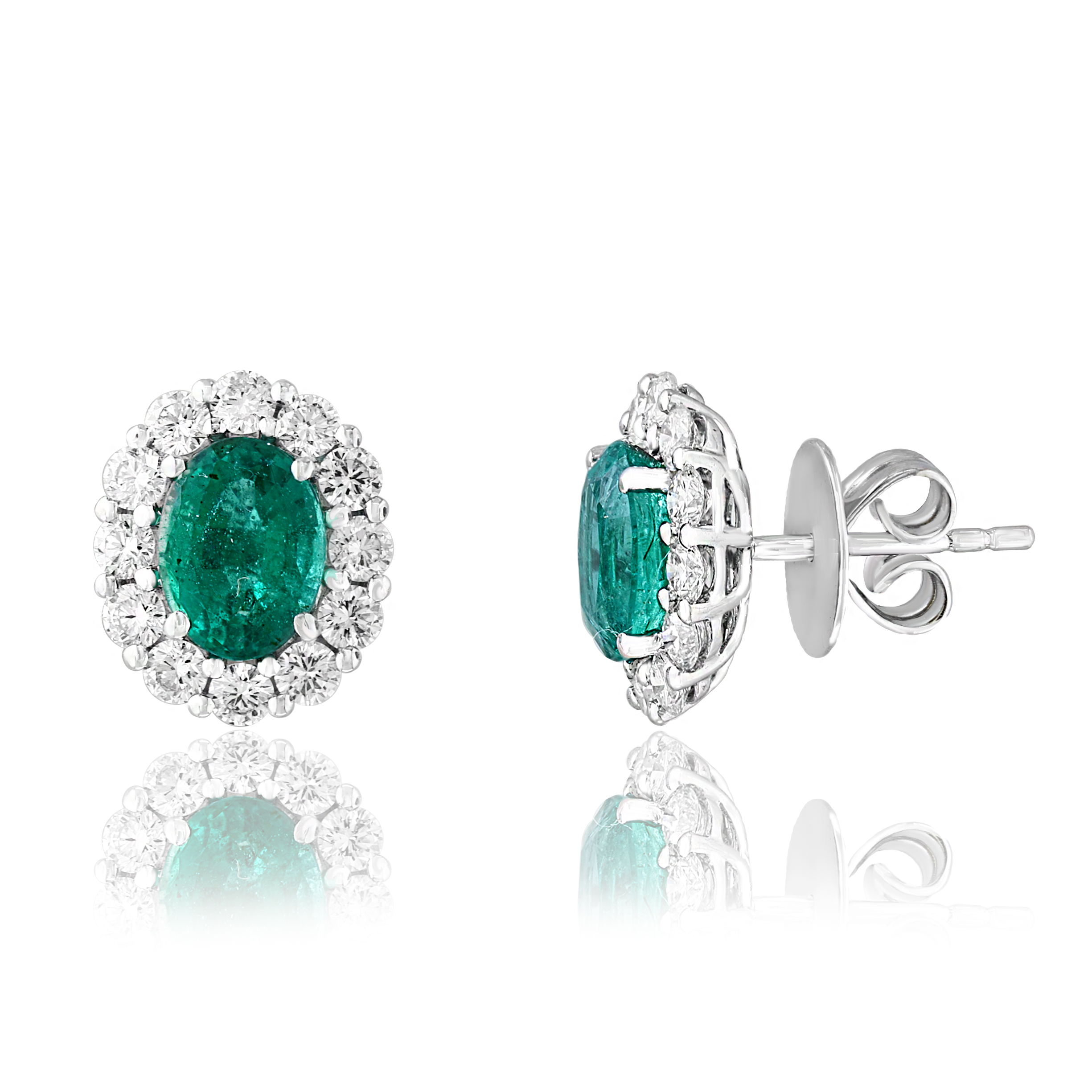 18k White Gold Emerald Diamond Halo Earrings