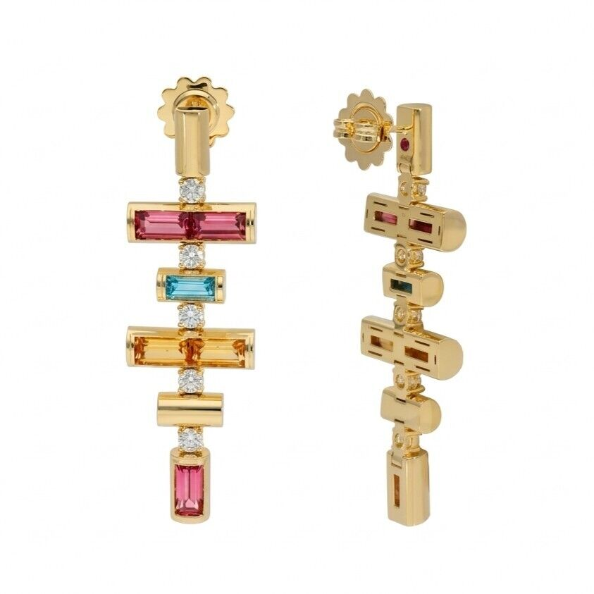 18k Yellow Gold Domino Blue Topaz Citrine Rubellite Earrings