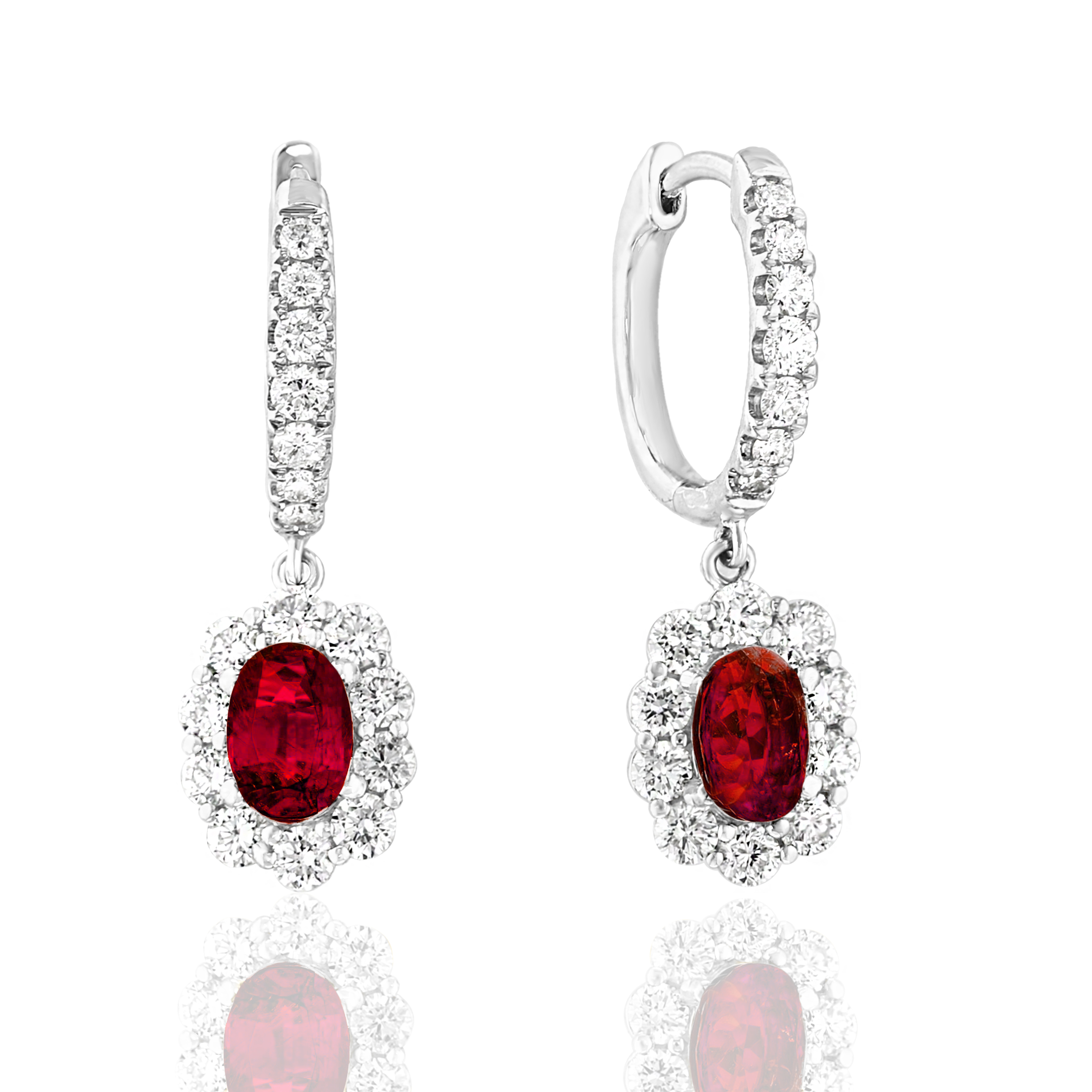 18k White Gold Ruby Diamond Drop Huggie Earrings
