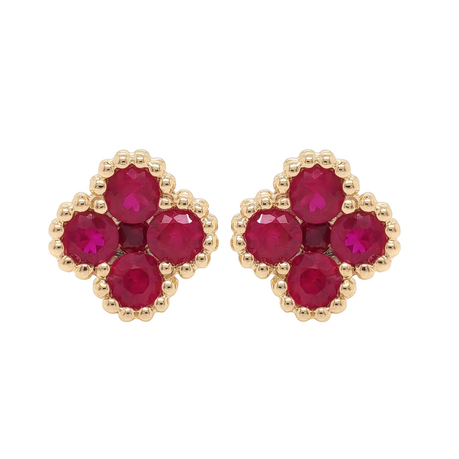 14k Yellow Gold Ruby Clover Motif Earrings