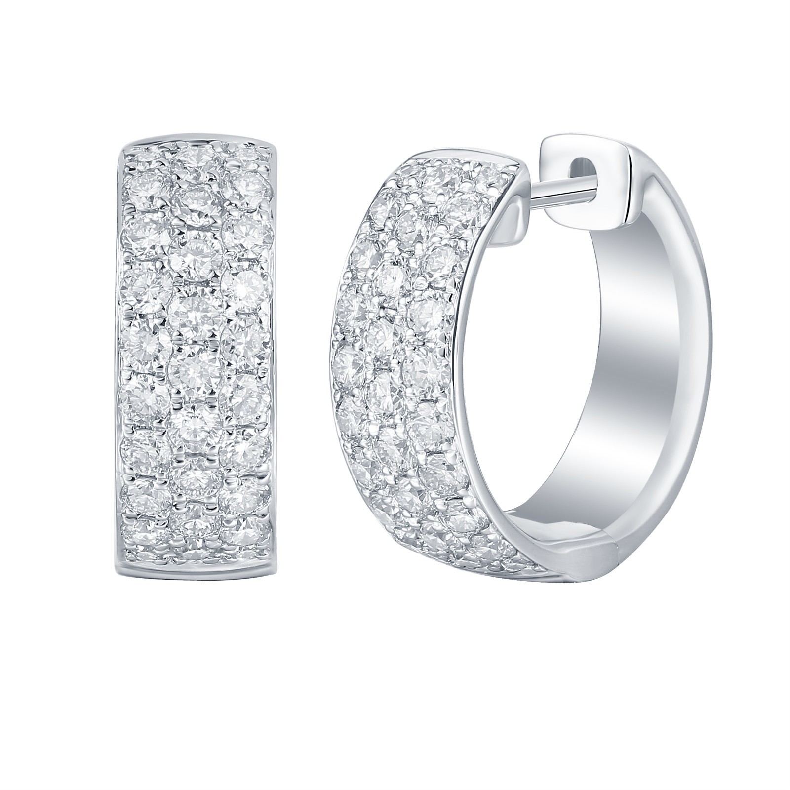 14k White Gold With 1.00ctw Diamonds, Three Row Pave Huggie Hoop Earrings By Pd Collection