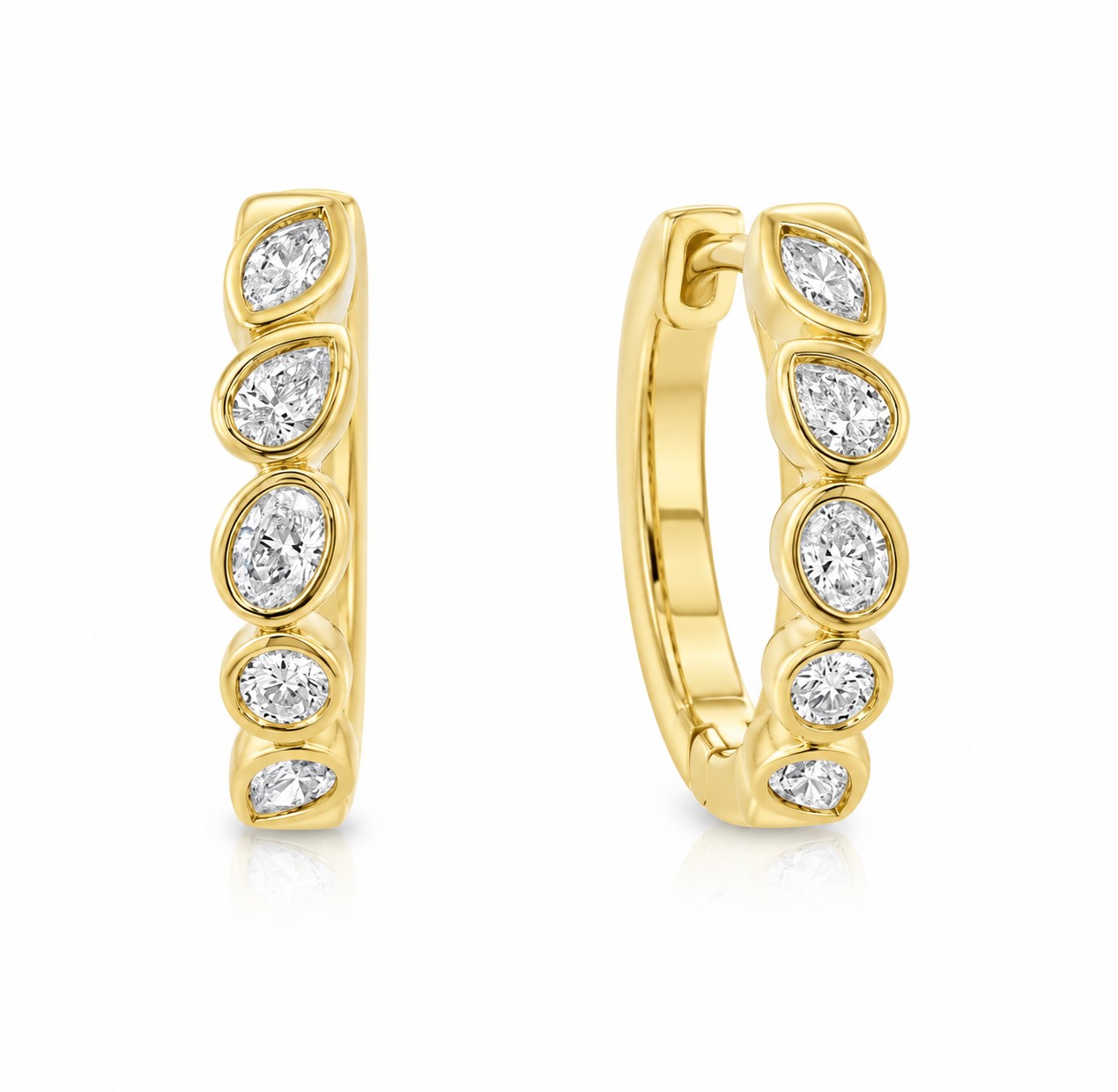 14k Yellow Gold Bezel Set Mixed Cut Diamond Huggie Earrings