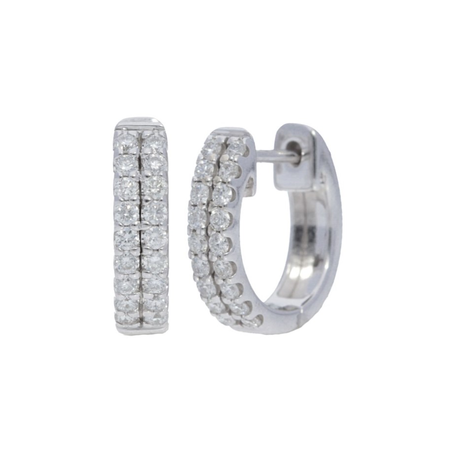 14k White Gold Diamond Double Row Huggie Earrings