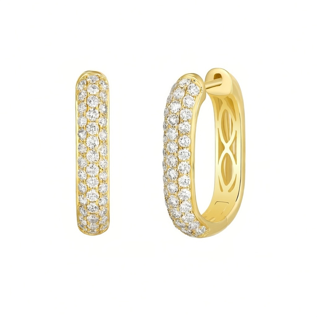 14k Yellow Gold Diamond Three Row Hoop Earrings
