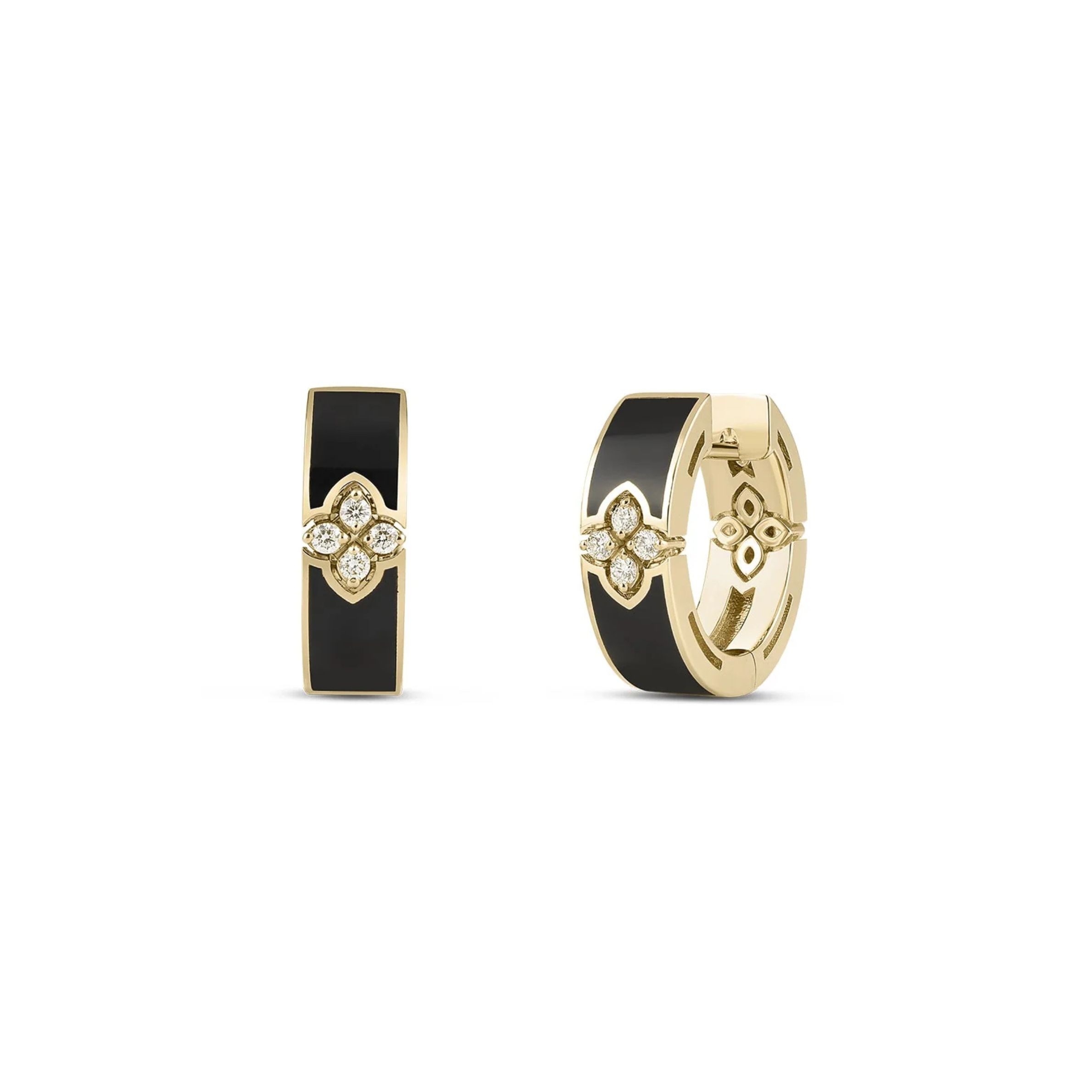 18k Yellow Gold Love In Verona Diamond Black Enamel Hoops Earrings