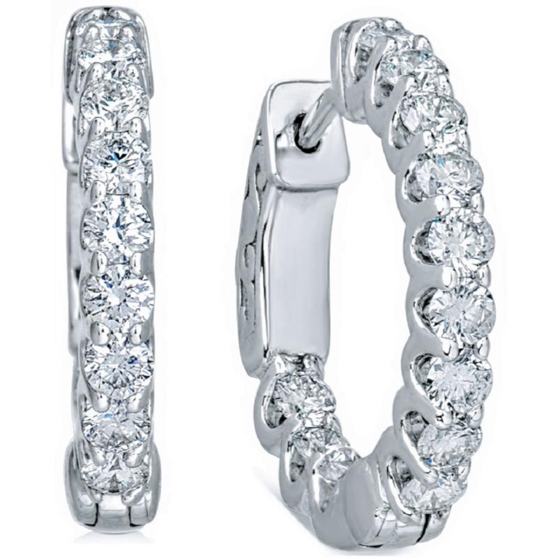 14k White Gold 1.20ctw Diamond Inside Out U-prong Hoop Earrings
