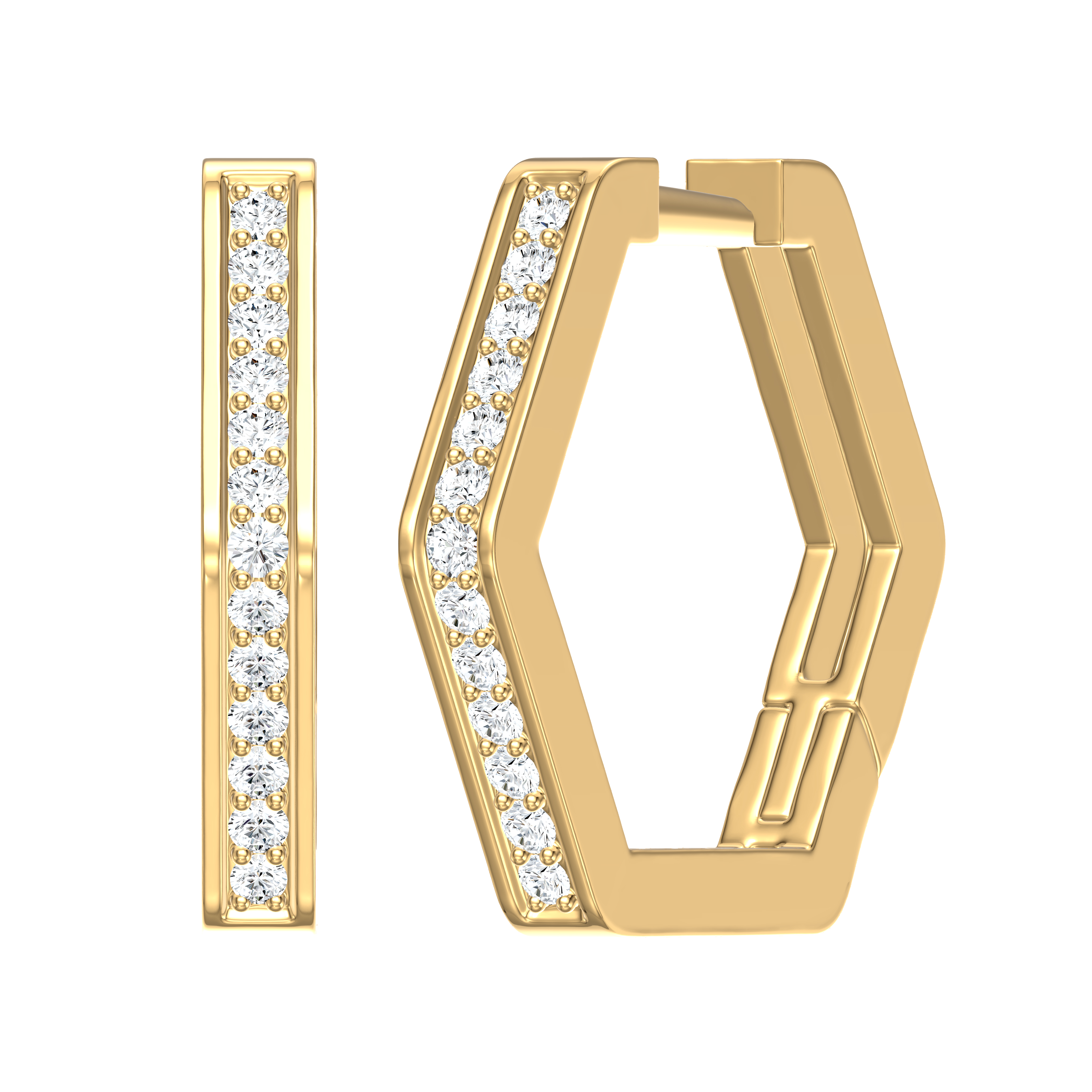 14k Yellow Gold Diamond Hexagon Huggie Earrings