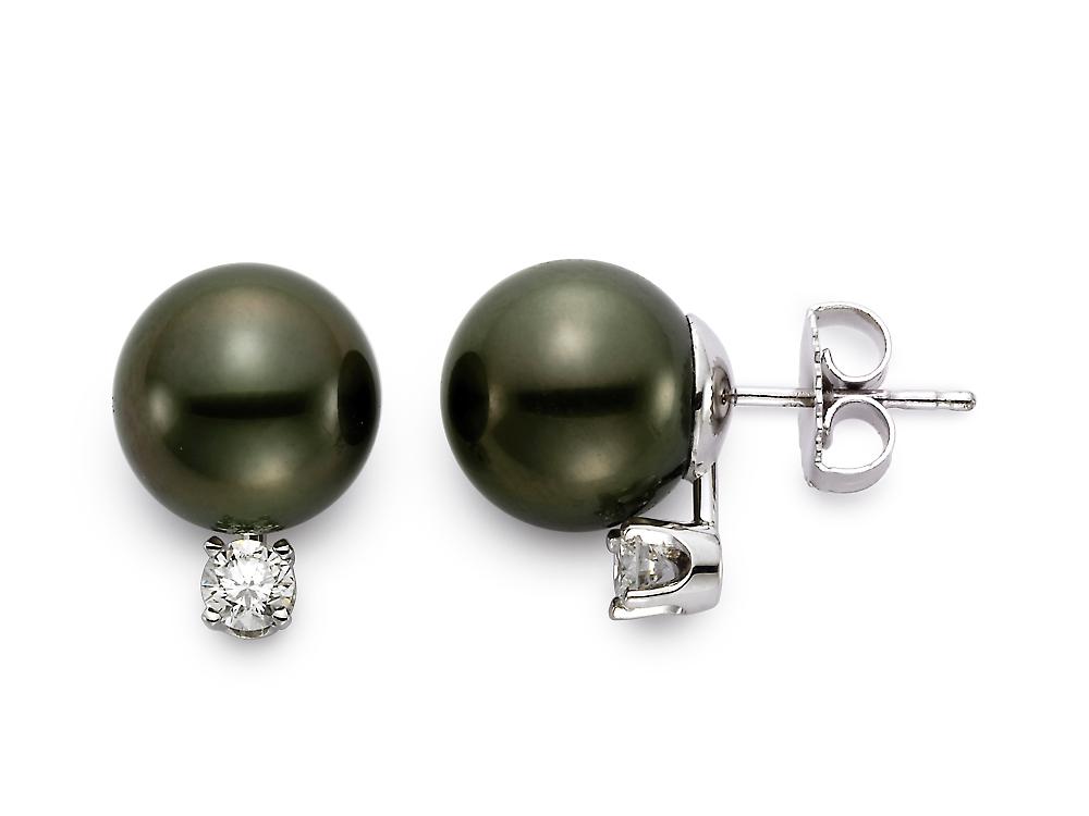 10.0-10.5mm Black Tahitian Pearl And .30ctw Diamond Stud Earrings Set In 18k White Gold By Mastoloni