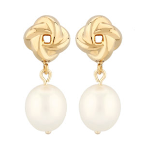 14k Yellow Gold Freshwater Pearl Love Knot Drop Earrings