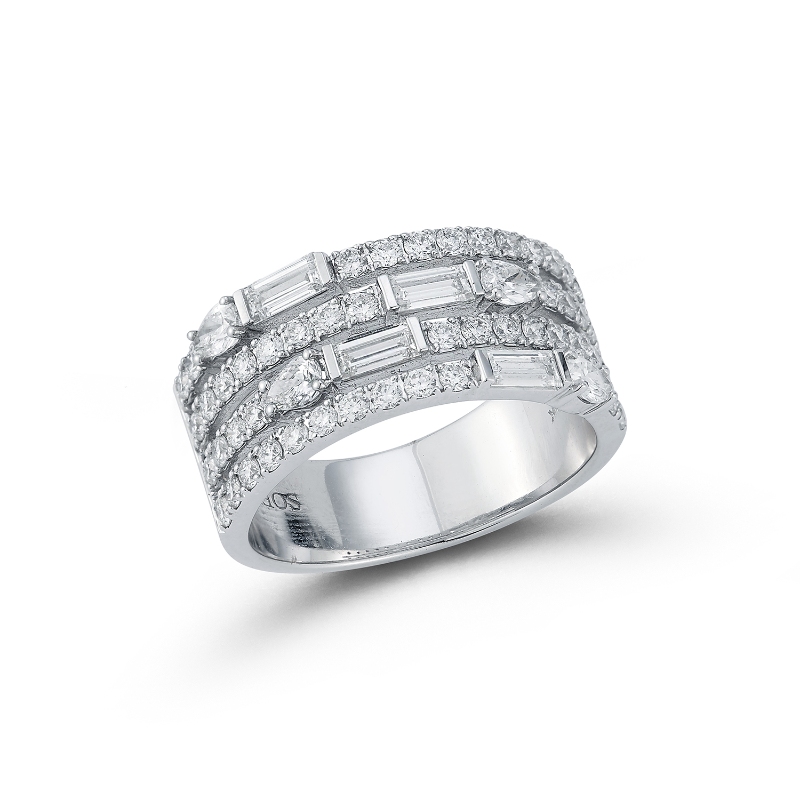 14k White Gold Diamond Four Row Mutli Shape Ring