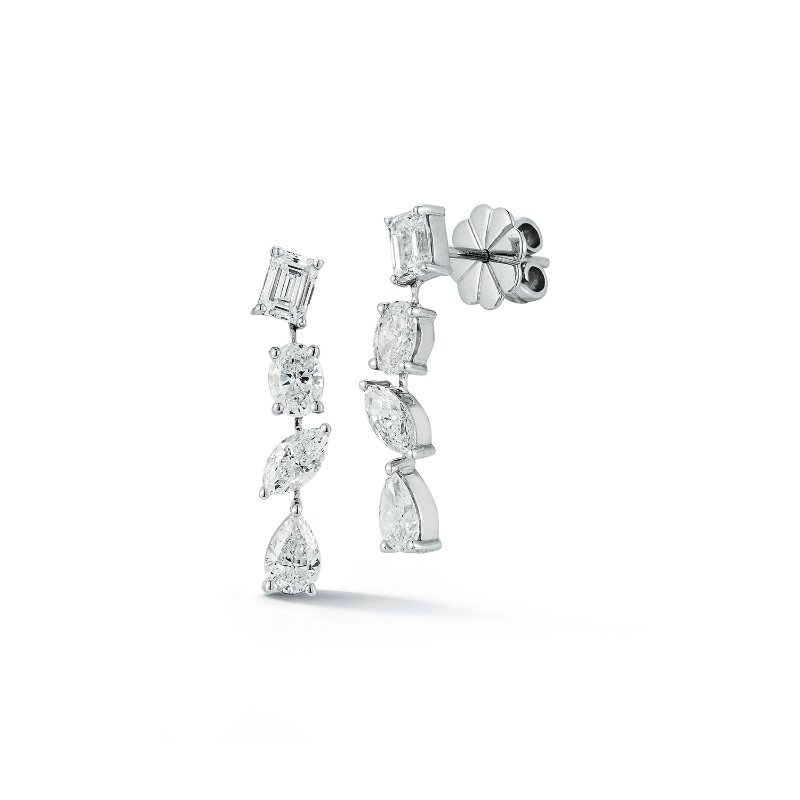 14k White Gold Mixed Shape Diamond Drop Earrings