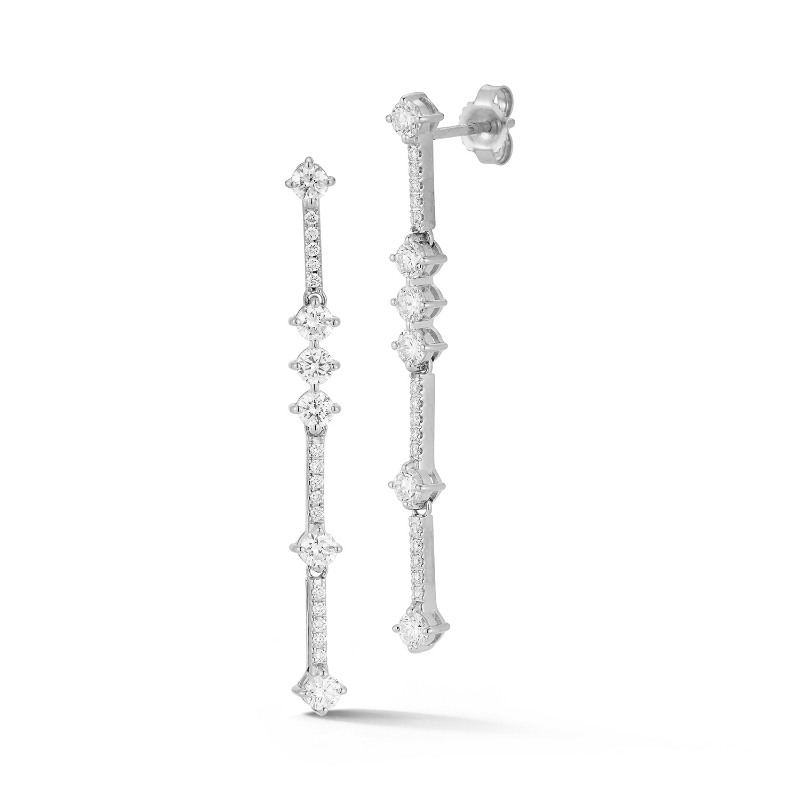 14k White Gold Pave Bar And Diamond Drop Stud Earrings