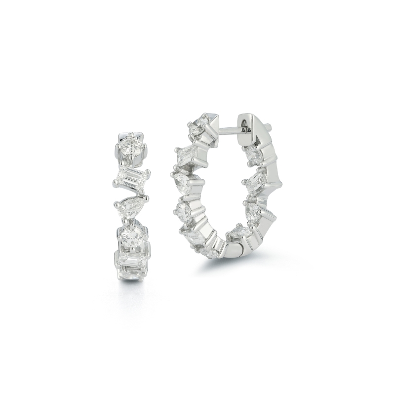 18k White Gold Mixed Shaped Diamond Huggie Earrings