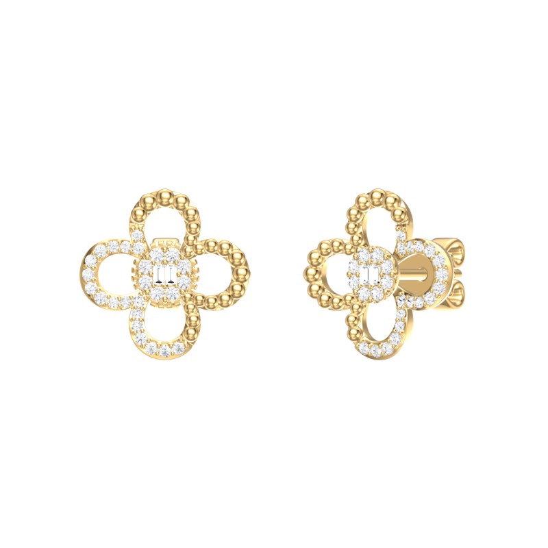 14k Yellow Gold Clover Frame Stud Diamond Earrings