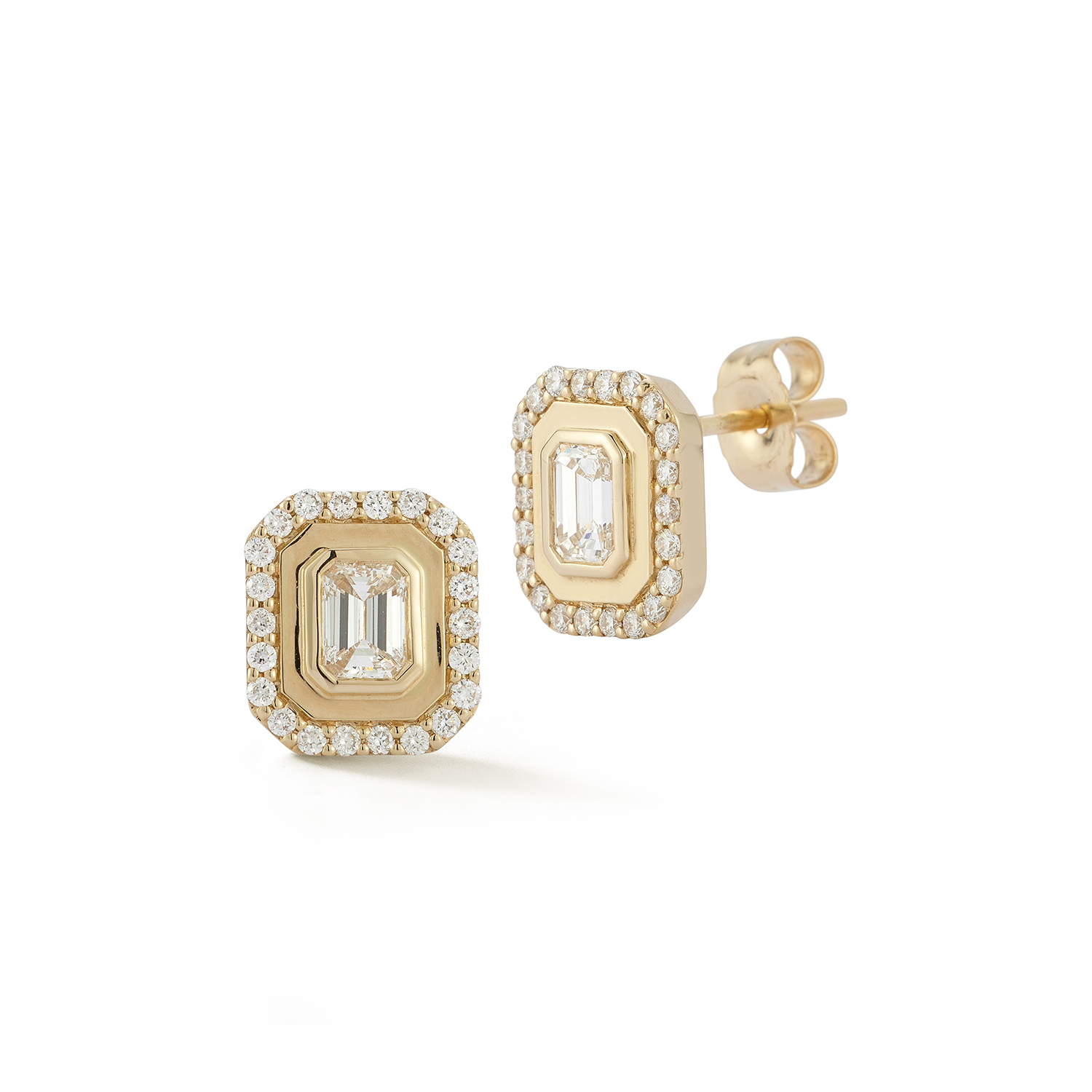 14k Yellow Gold Bezel Set Emerlads With Halo Diamond Stud Earrings