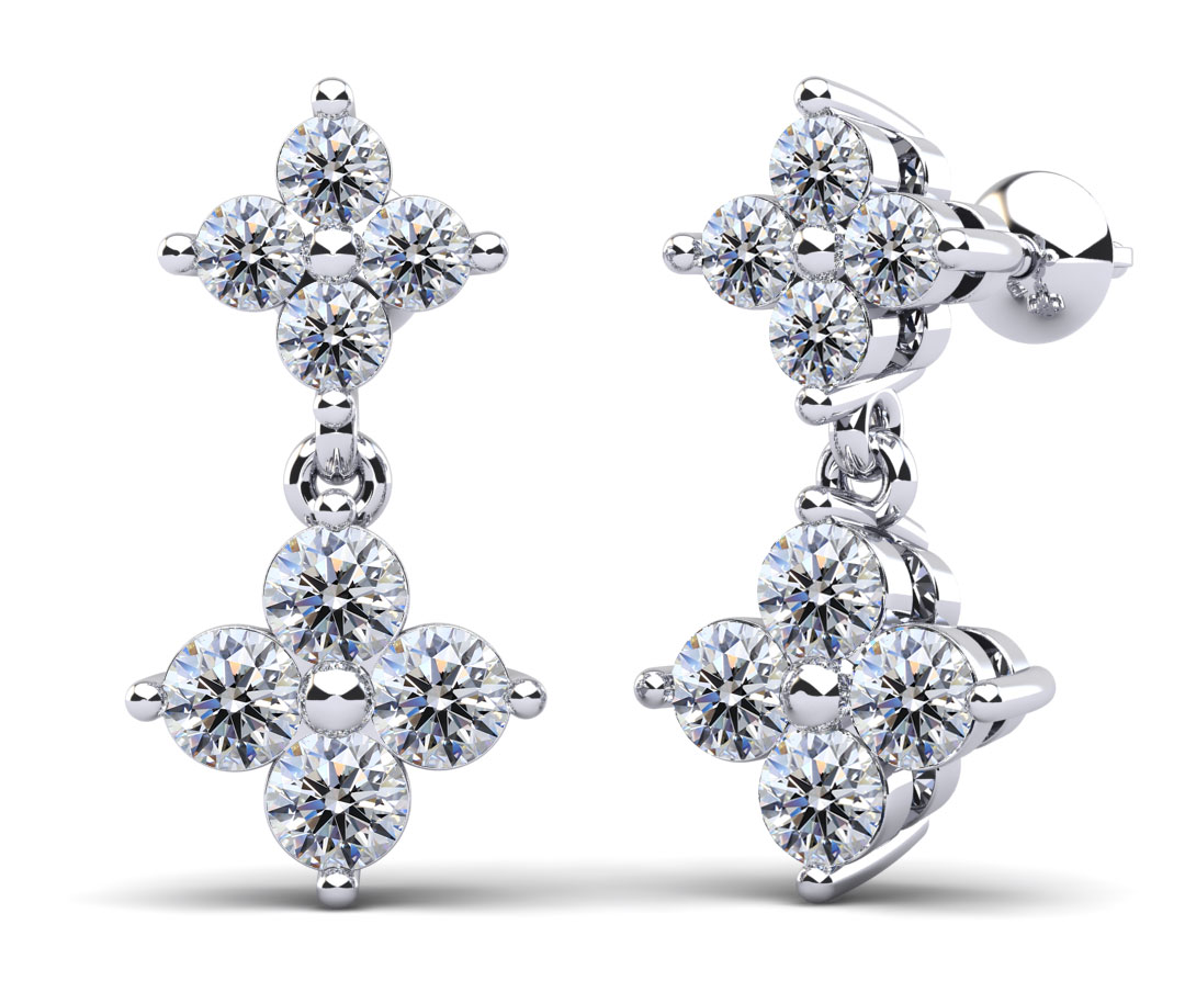 14k White Gold Two Teir Cluster Drop Earrings