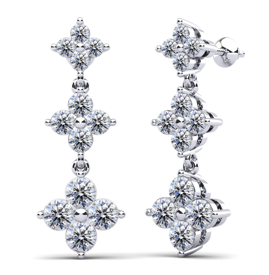 14k White Gold Triple Drop Cluster Triple Drop Cluster Earrings