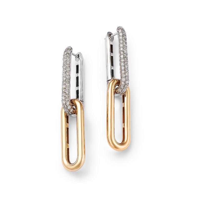 14k Two Tone Diamond Drop Paperclip Earrings