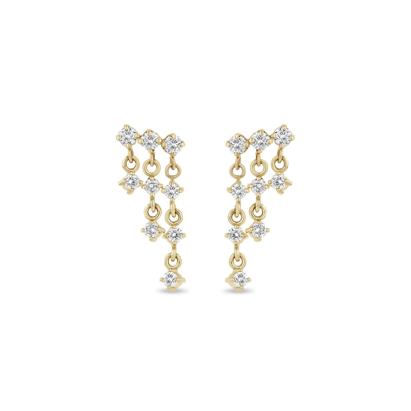 14k Yellow Gold Diamond 3 Row Waterfall Drop Earrings