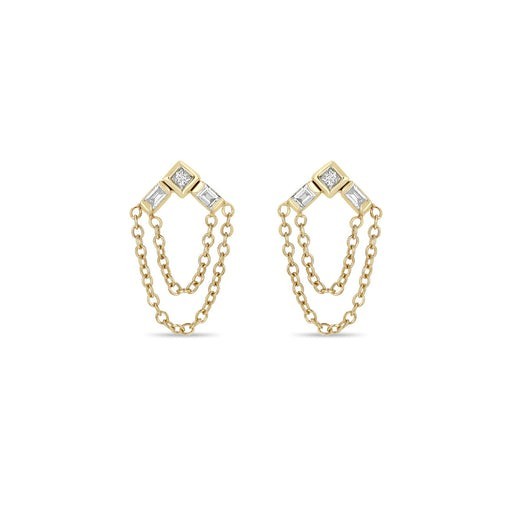14k Yellow Gold Diamond Arrow Chain Drop Earrings