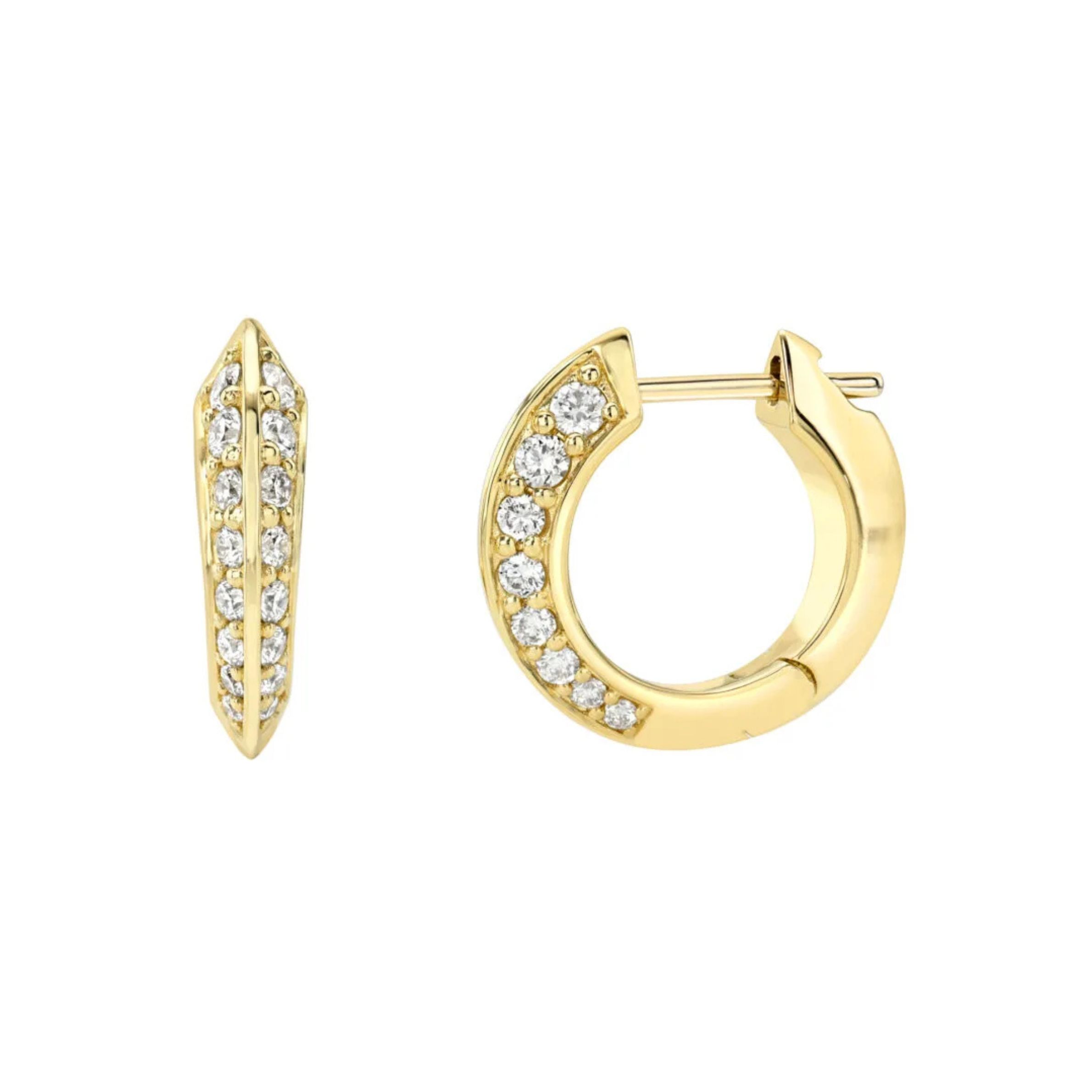 14k Yellow Gold Diamond Round Knife Edge Huggie Earrings