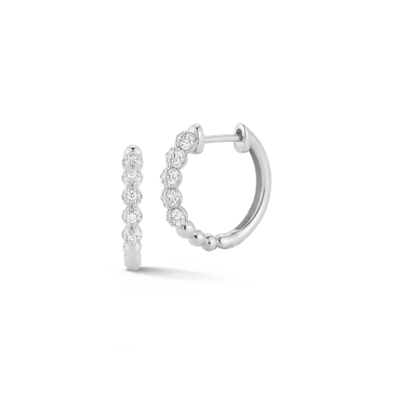 14k White Gold Diamond Pave Beaded Huggie Earrings