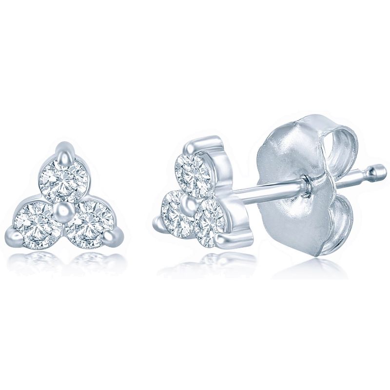 14k White Gold Three Diamond Cluster Stud Earrings
