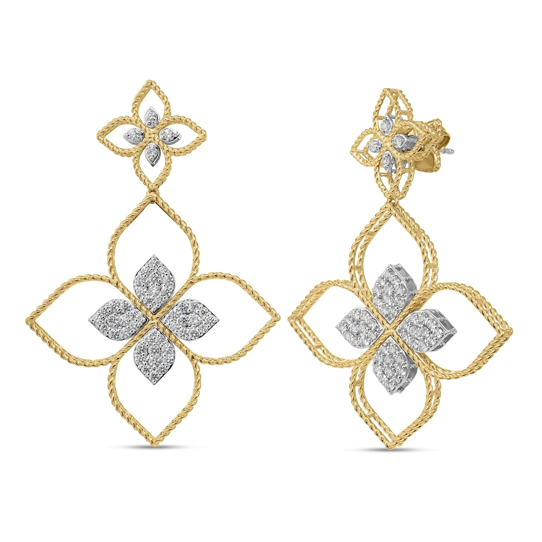 18k Two Tone Princess Flower Diamond Earrings