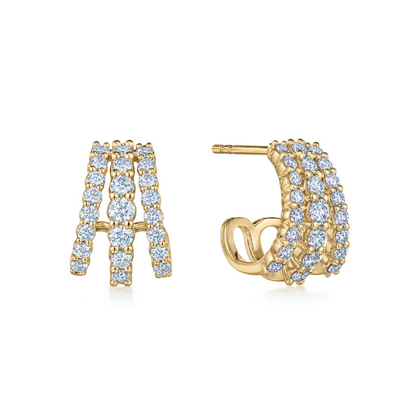 18k Yellow Gold Lyric Diamond Three Row Huggie Earrings