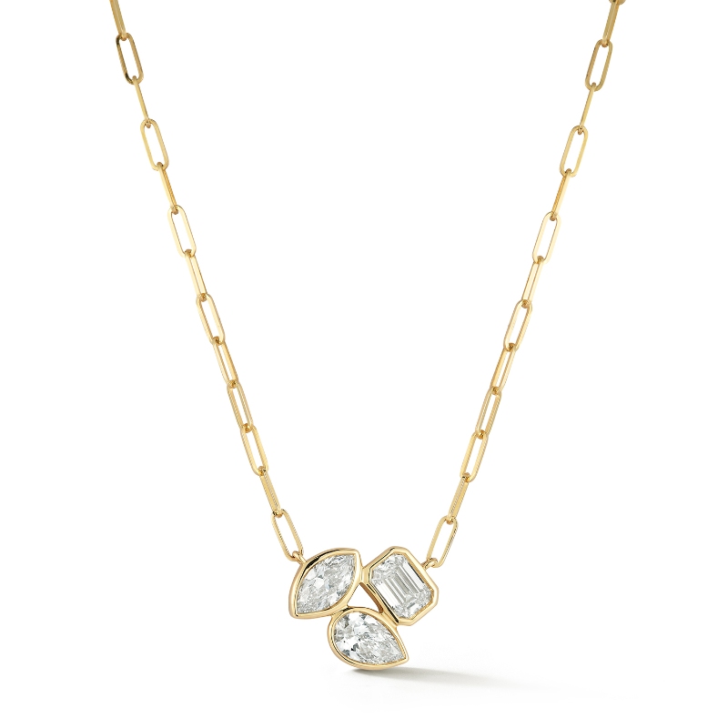 14k Yellow Gold Mixed Cut Diamond Cluster Pendant On A Paperclip Chain Necklace