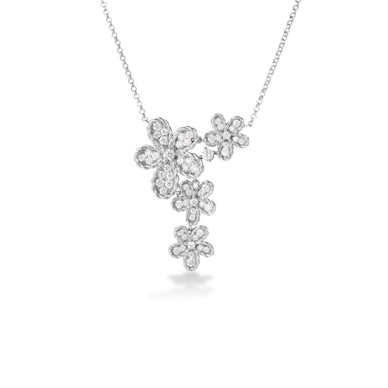18k White Gold Jasmine Pave Multi Flower Diamond Necklace