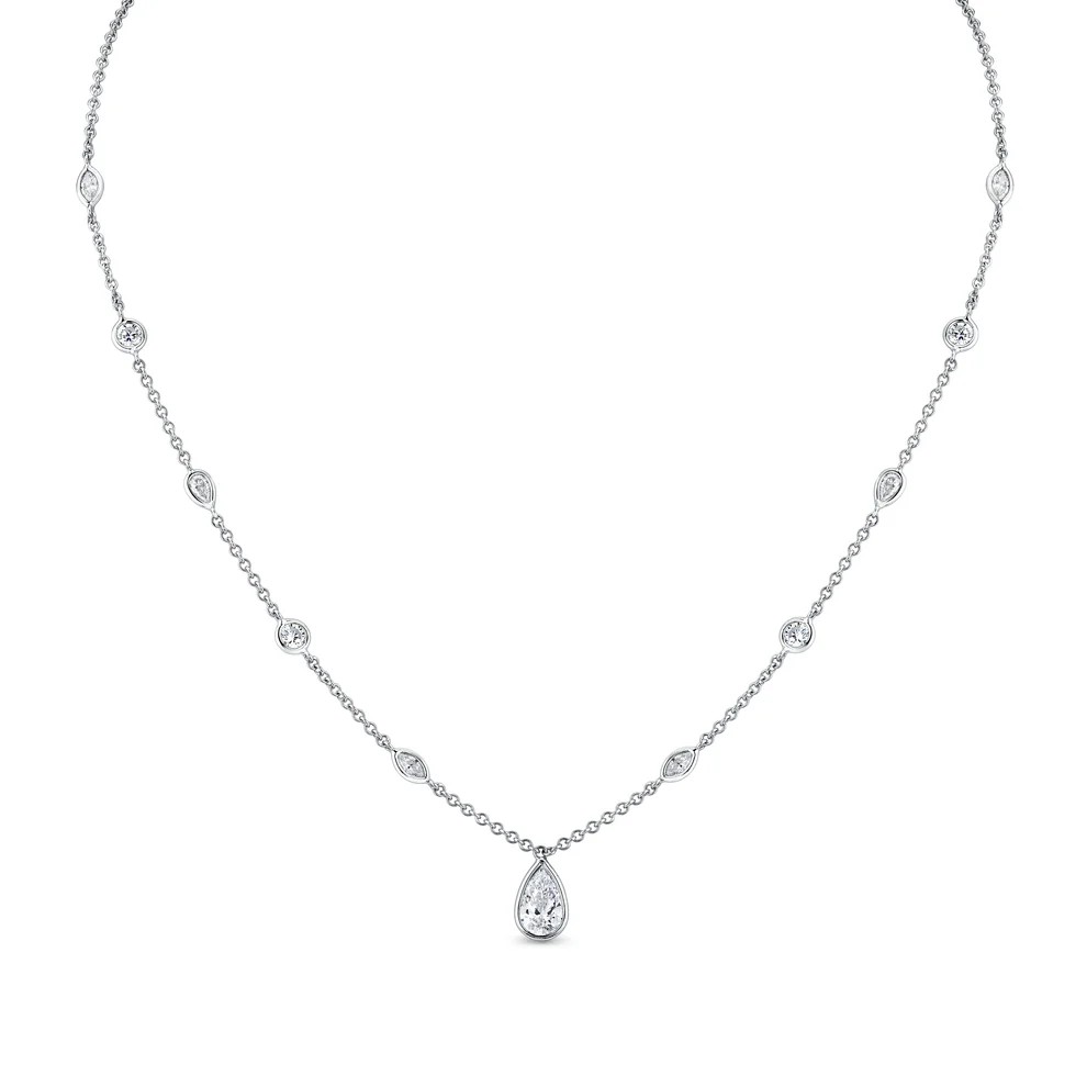 18k White Gold Diamond By The Yard With Drop Pear Diamond Necklace