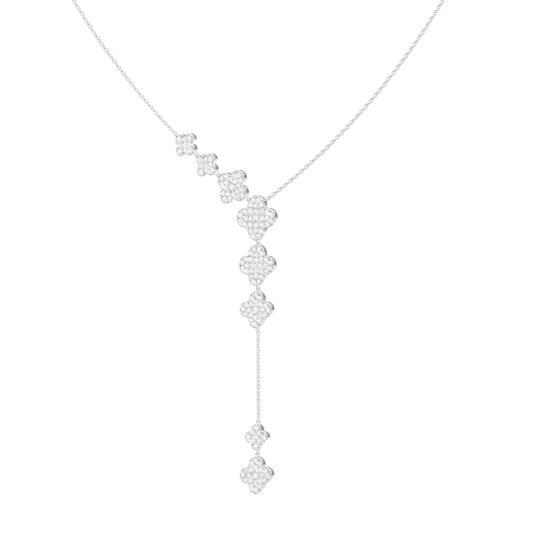 14k White Gold With 0.85ctw Diamonds, Pave Clover Lariat Necaklce 16-18