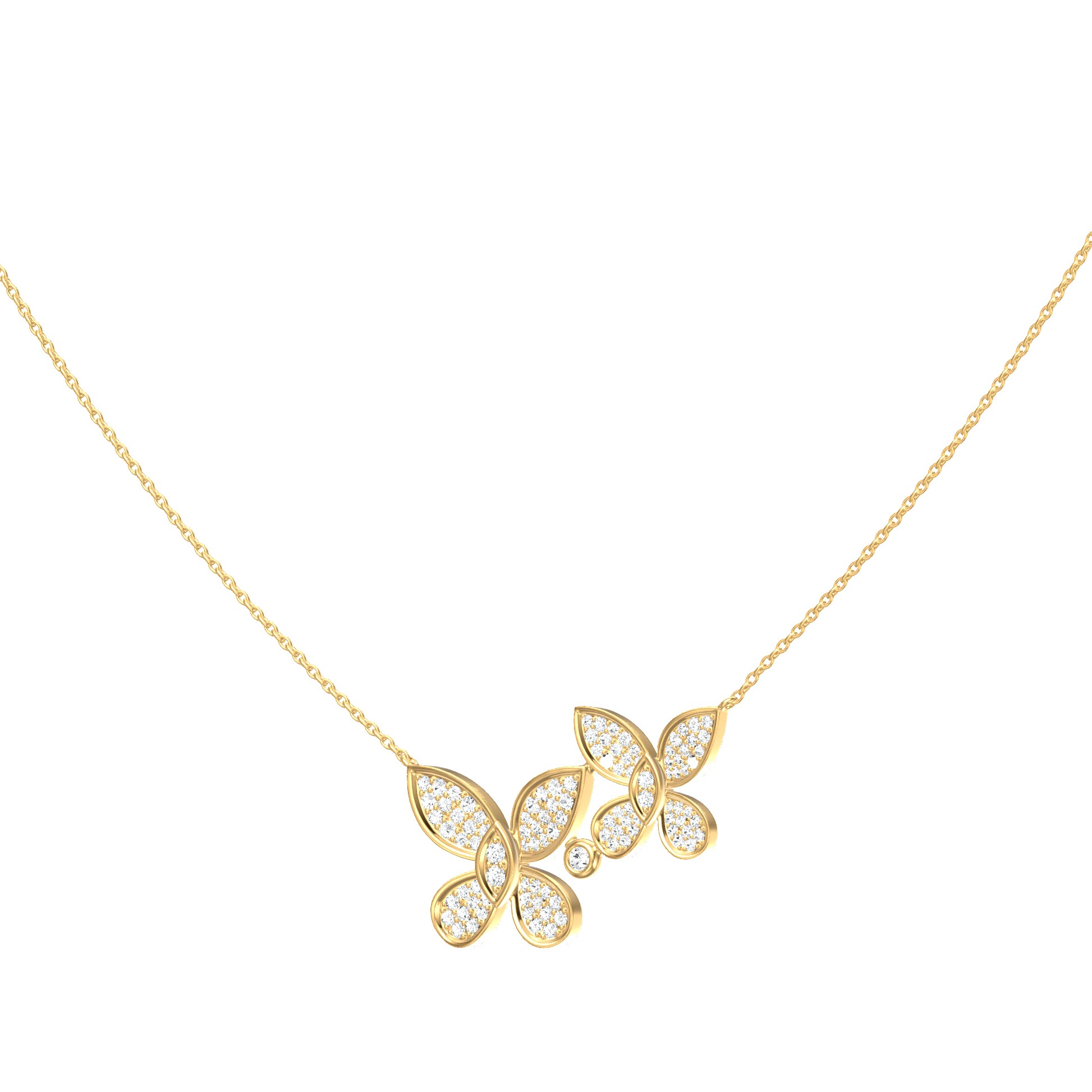 14k Yellow Gold With 0.50ctw Diamond, Pave Set Double Butterfly Pendant Necklace 16-18