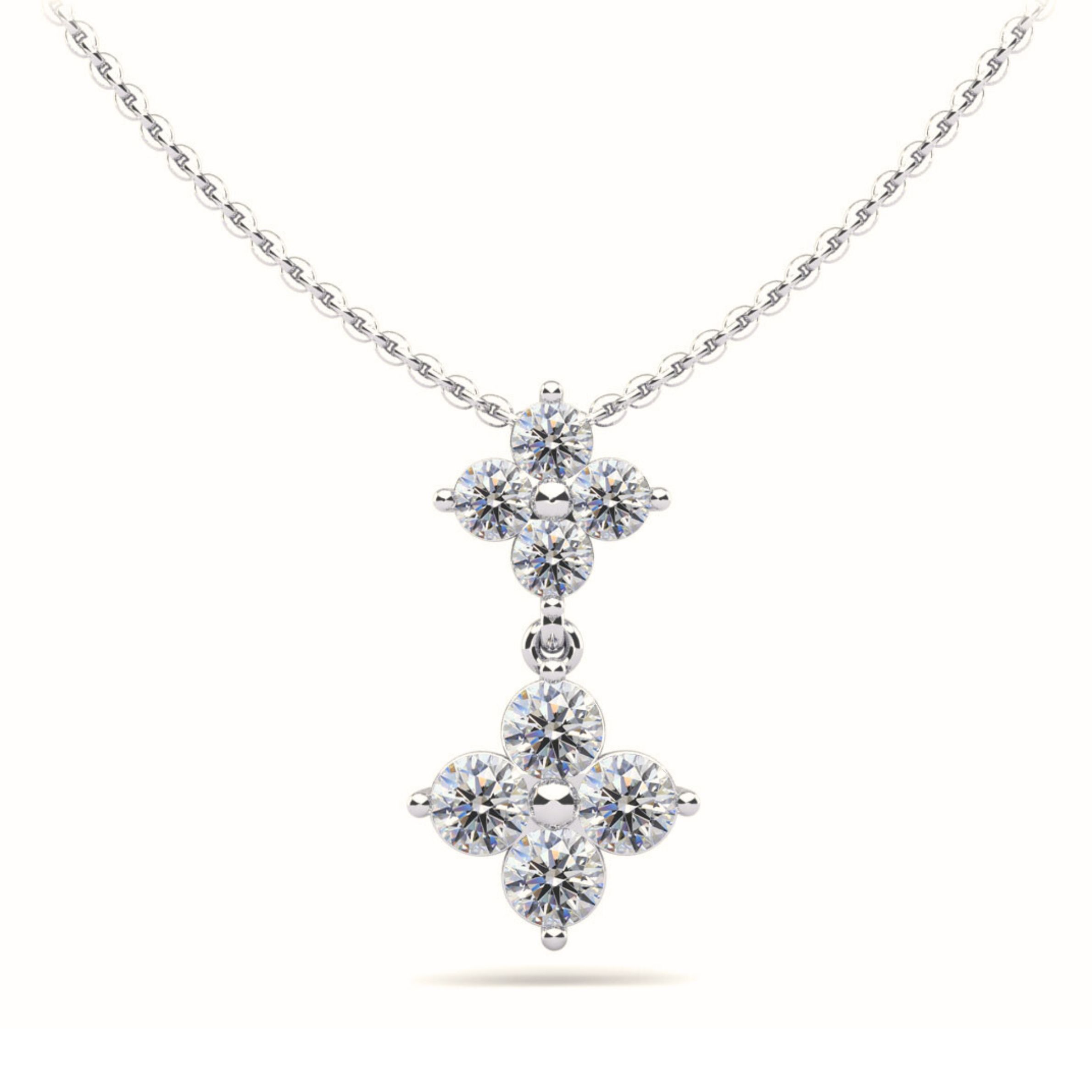 14k White Gold Two Teir Cluster Drop Pendant Necklace