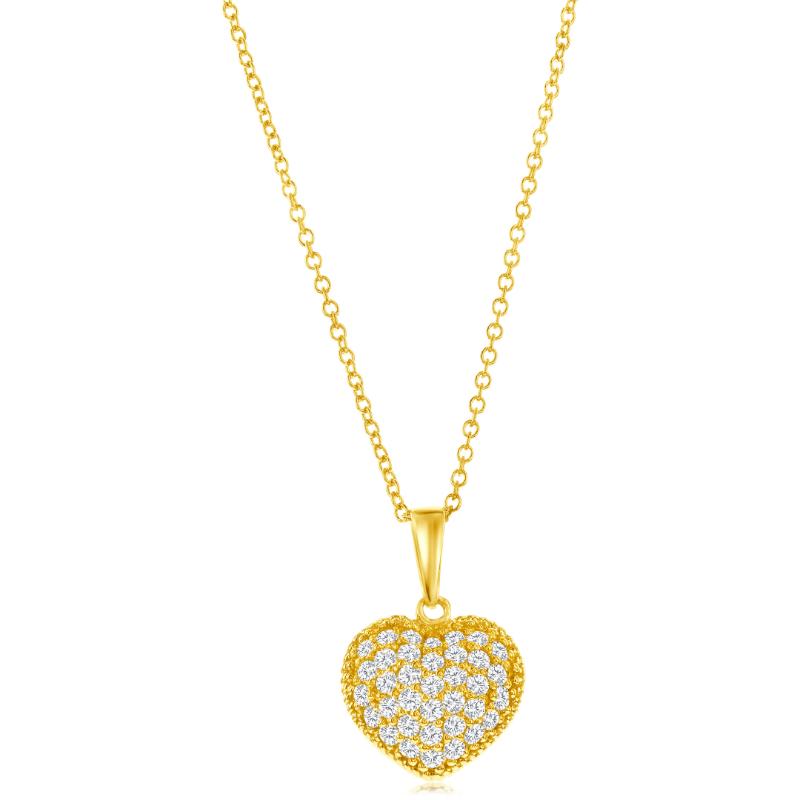 14k Yellow Gold Puffy Heart Diamond Pendant Necklace