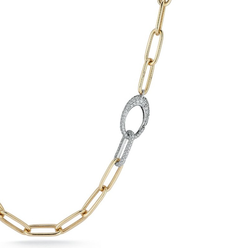 14k Two Tone Solid Paperclip With Pave Clasp Necklace