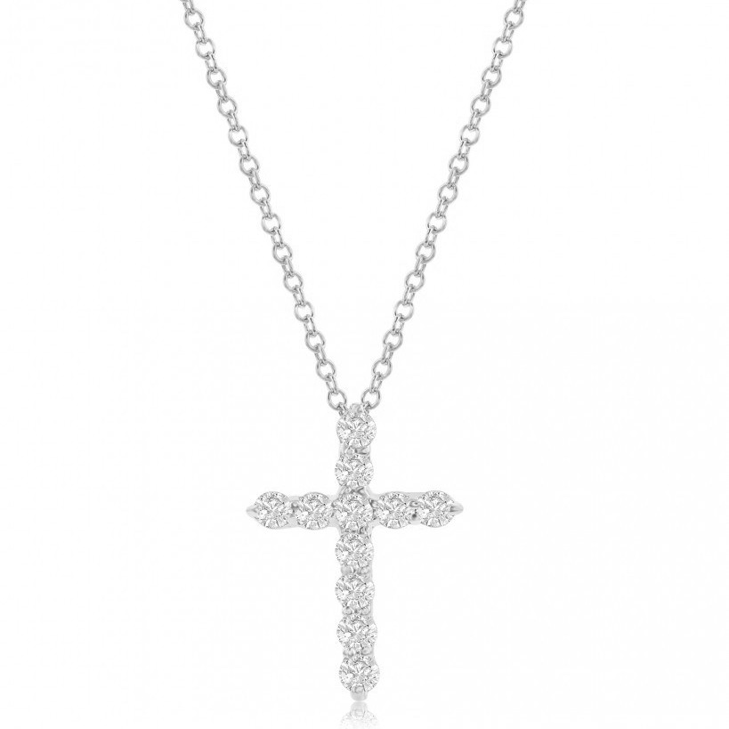 14k White Gold Diamond Cross Pendant Necklace