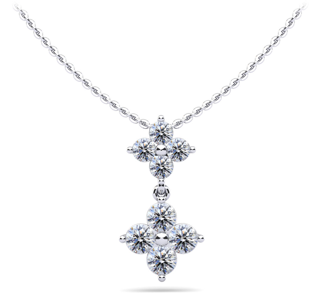 14k White Gold Two Teir Cluster Drop Pendant Necklace
