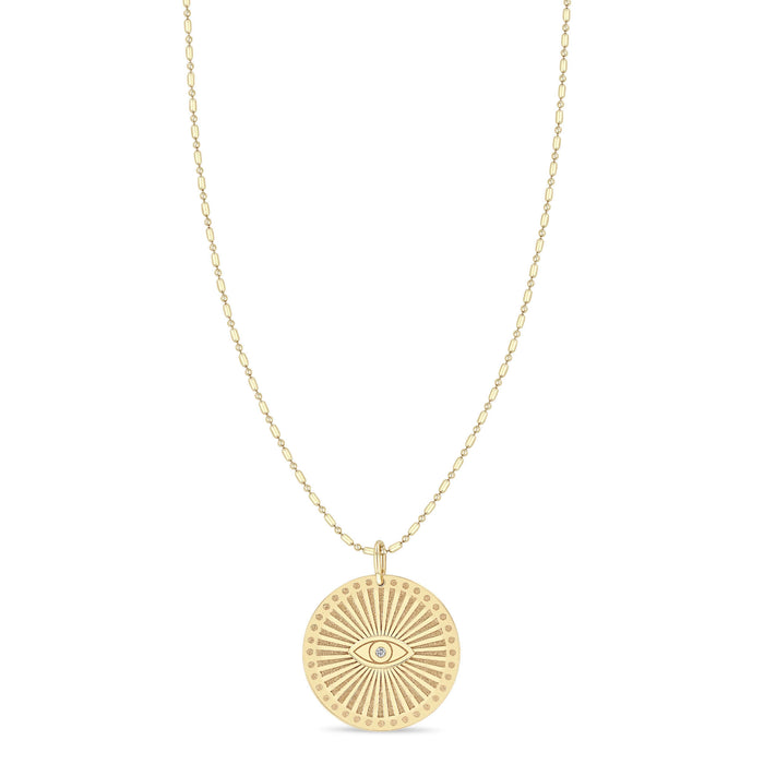 14k Yellow Gold Diamond Evil Eye Sunbeam Medallion Necklace